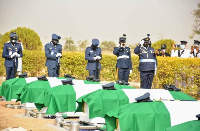 NAF Lays To Rest Remains Of Flight Lieutenant Haruna Gadzama, 6 Others At National Military Cemetery Abuja.