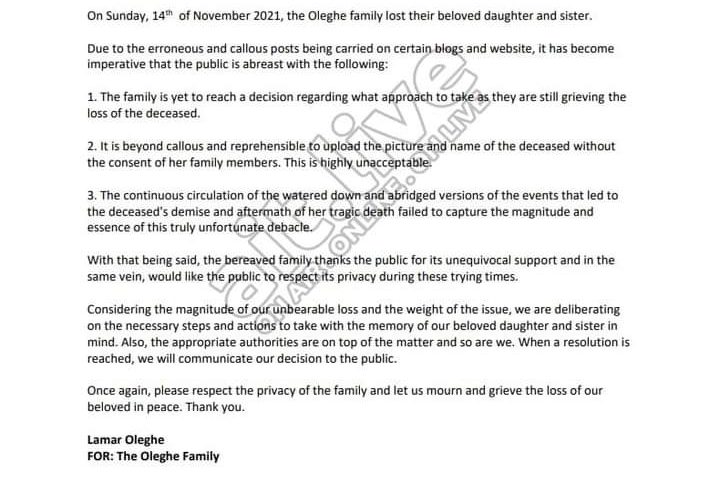 STATEMENT FROM THE FAMILY OF THE YOUNG LADY WHO WAS ELECTROCUTED AT AN ABUJA NIGHT CLUB.