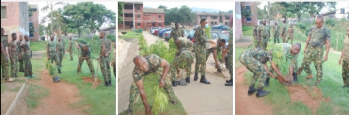 THE COMMANDER ARMY HEADQUARTERS GARRISON MAJOR GENERAL KN GARBA, OFFICERS AND SOLDIERS IN TREE PLANTING EXERCISE IN COMMEMORATION OF NIGERIAN ARMY DAY CELEBRATION 2022.