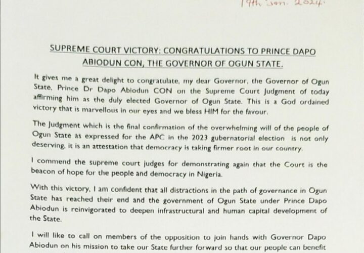 Dr. Iziaq Kunle Salako Congratulates  Gov. Dapo Abiodun CON,on Supreme Court’s Victory.