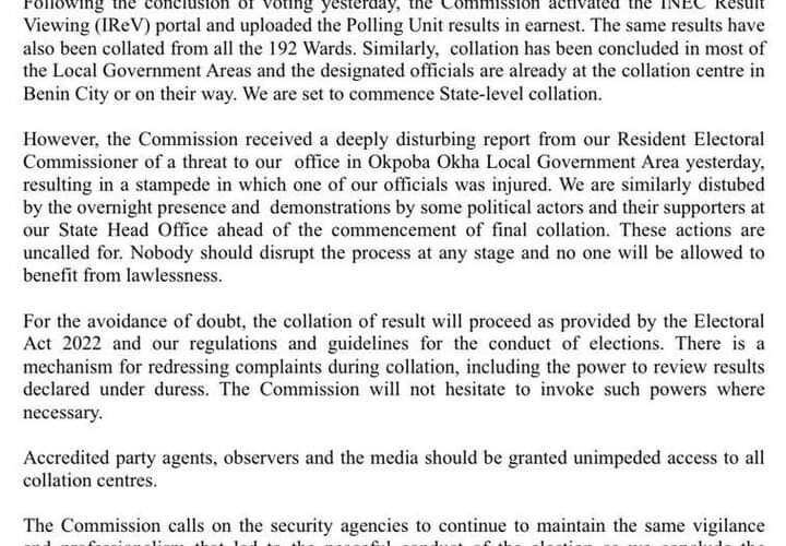 Collation Of Results In The Edo State Governorship Election.